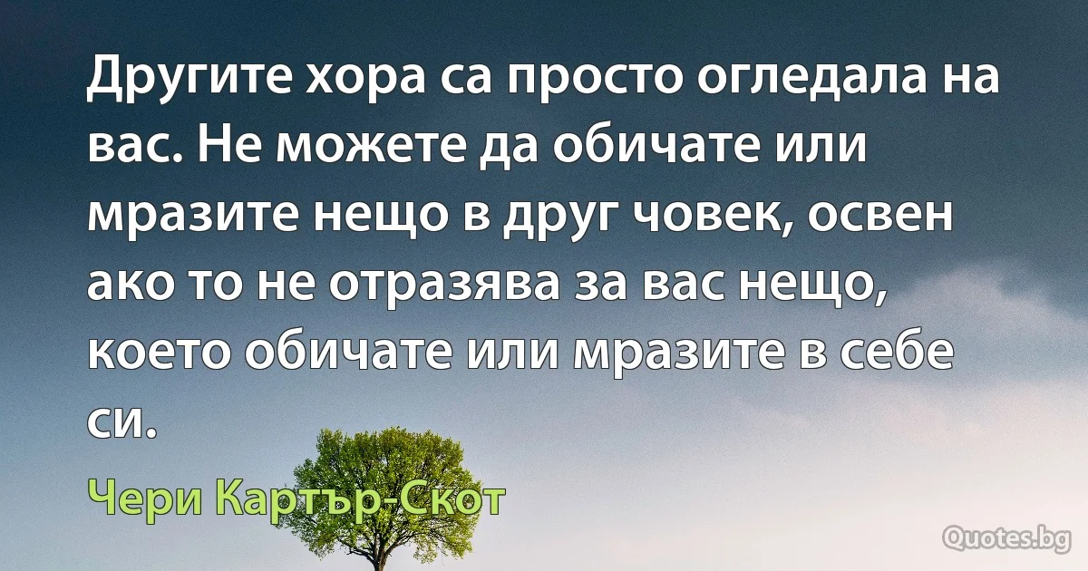 Другите хора са просто огледала на вас. Не можете да обичате или мразите нещо в друг човек, освен ако то не отразява за вас нещо, което обичате или мразите в себе си. (Чери Картър-Скот)