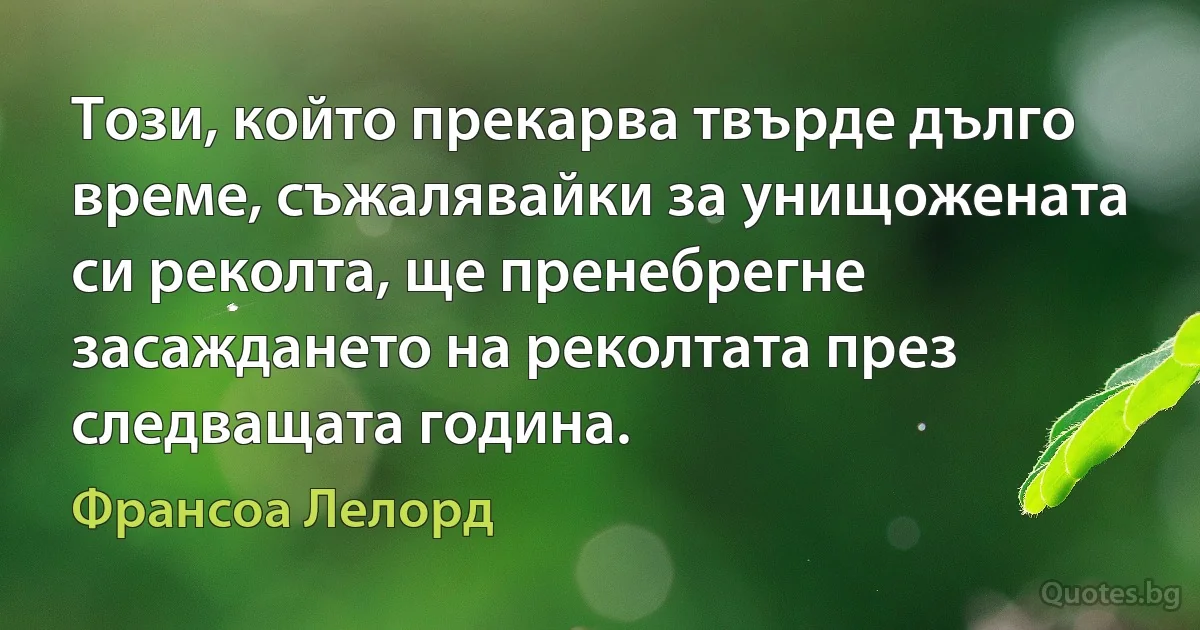 Този, който прекарва твърде дълго време, съжалявайки за унищожената си реколта, ще пренебрегне засаждането на реколтата през следващата година. (Франсоа Лелорд)