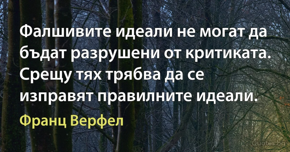 Фалшивите идеали не могат да бъдат разрушени от критиката. Срещу тях трябва да се изправят правилните идеали. (Франц Верфел)