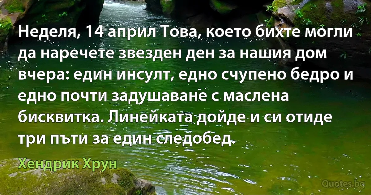 Неделя, 14 април Това, което бихте могли да наречете звезден ден за нашия дом вчера: един инсулт, едно счупено бедро и едно почти задушаване с маслена бисквитка. Линейката дойде и си отиде три пъти за един следобед. (Хендрик Хрун)