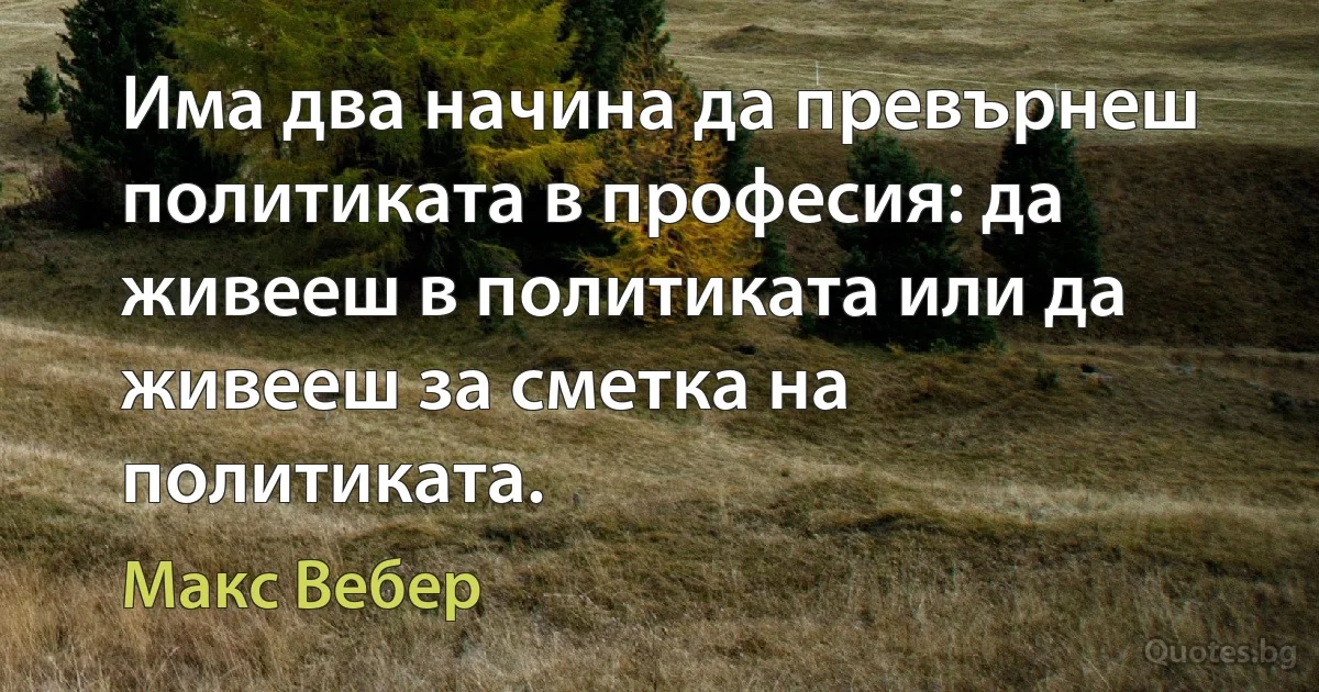 Има два начина да превърнеш политиката в професия: да живееш в политиката или да живееш за сметка на политиката. (Макс Вебер)