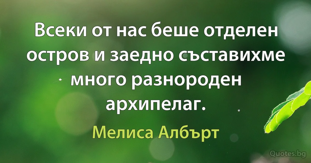 Всеки от нас беше отделен остров и заедно съставихме много разнороден архипелаг. (Мелиса Албърт)