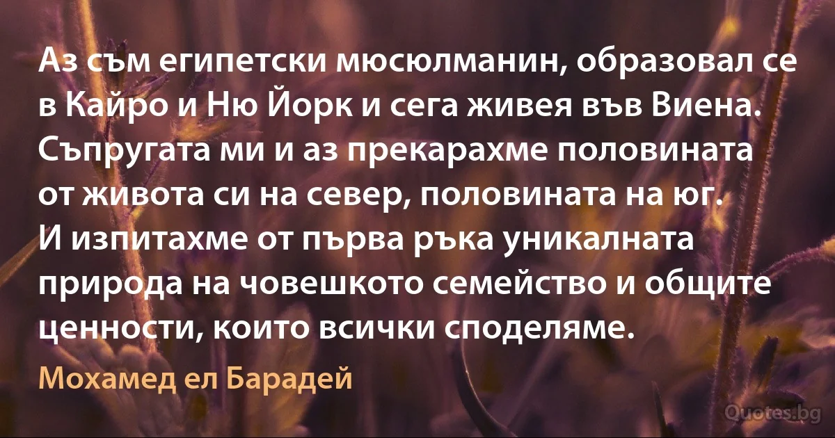 Аз съм египетски мюсюлманин, образовал се в Кайро и Ню Йорк и сега живея във Виена. Съпругата ми и аз прекарахме половината от живота си на север, половината на юг. И изпитахме от първа ръка уникалната природа на човешкото семейство и общите ценности, които всички споделяме. (Мохамед ел Барадей)