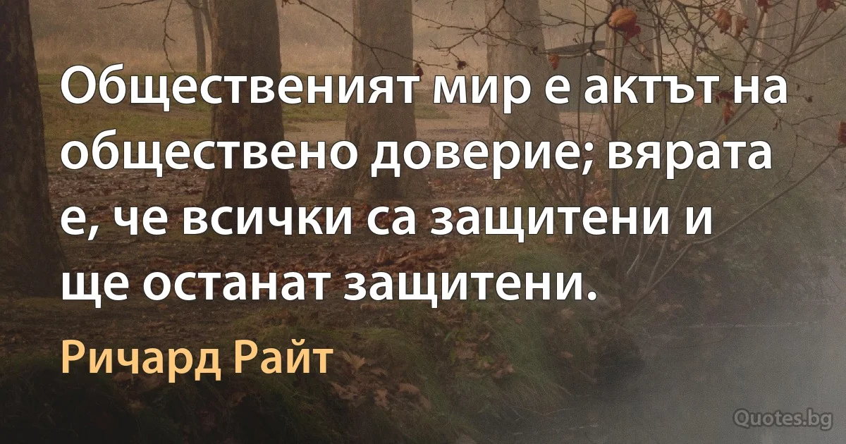 Общественият мир е актът на обществено доверие; вярата е, че всички са защитени и ще останат защитени. (Ричард Райт)