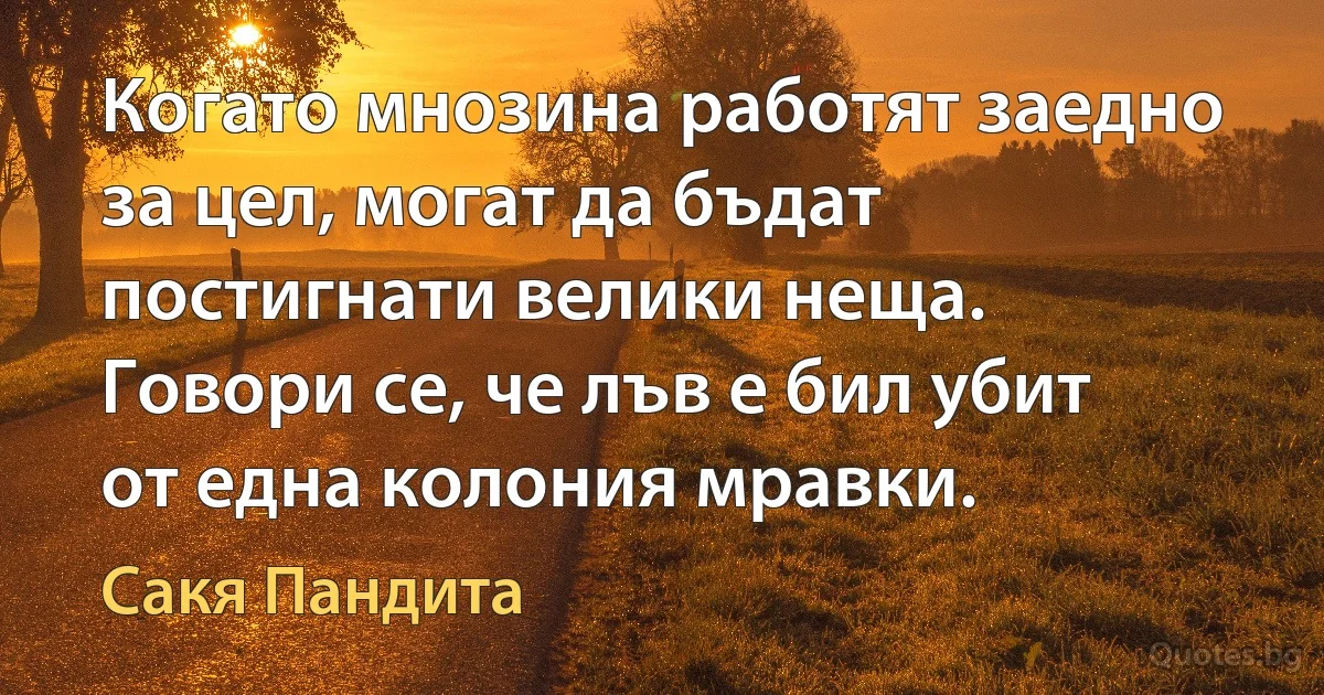 Когато мнозина работят заедно за цел, могат да бъдат постигнати велики неща. Говори се, че лъв е бил убит от една колония мравки. (Сакя Пандита)