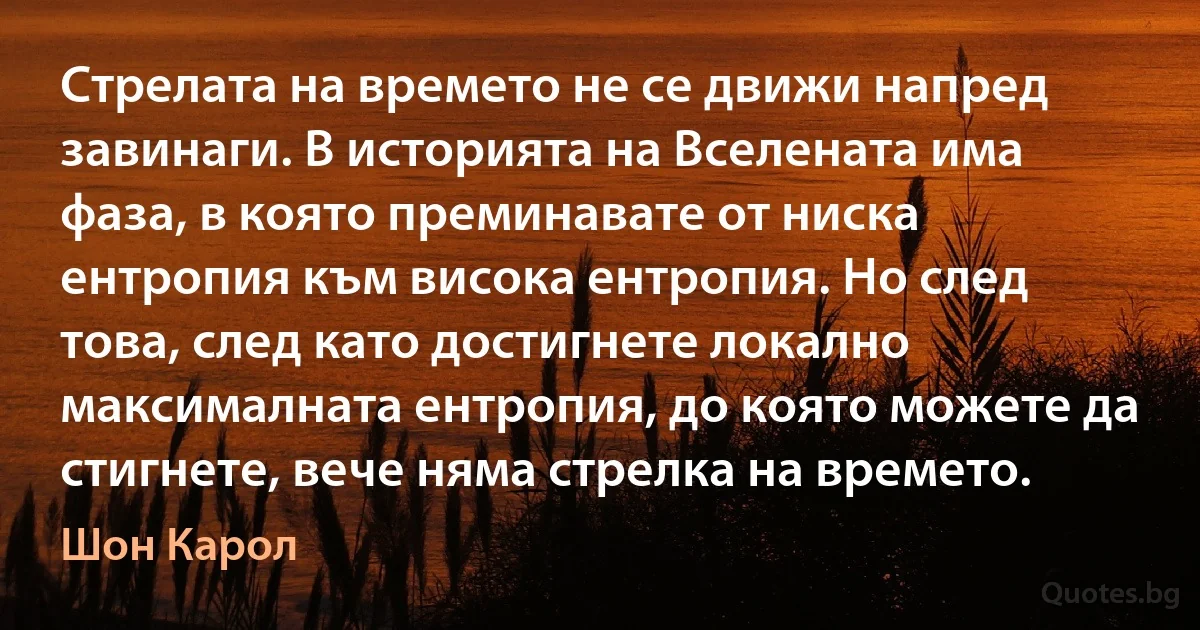 Стрелата на времето не се движи напред завинаги. В историята на Вселената има фаза, в която преминавате от ниска ентропия към висока ентропия. Но след това, след като достигнете локално максималната ентропия, до която можете да стигнете, вече няма стрелка на времето. (Шон Карол)