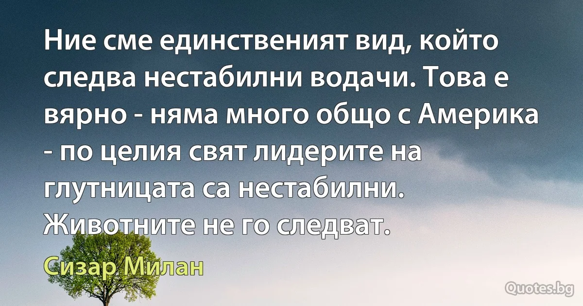 Ние сме единственият вид, който следва нестабилни водачи. Това е вярно - няма много общо с Америка - по целия свят лидерите на глутницата са нестабилни. Животните не го следват. (Сизар Милан)