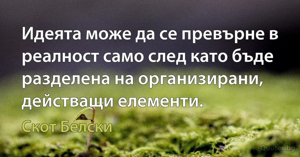 Идеята може да се превърне в реалност само след като бъде разделена на организирани, действащи елементи. (Скот Белски)