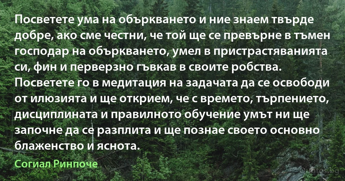 Посветете ума на объркването и ние знаем твърде добре, ако сме честни, че той ще се превърне в тъмен господар на объркването, умел в пристрастяванията си, фин и перверзно гъвкав в своите робства. Посветете го в медитация на задачата да се освободи от илюзията и ще открием, че с времето, търпението, дисциплината и правилното обучение умът ни ще започне да се разплита и ще познае своето основно блаженство и яснота. (Согиал Ринпоче)