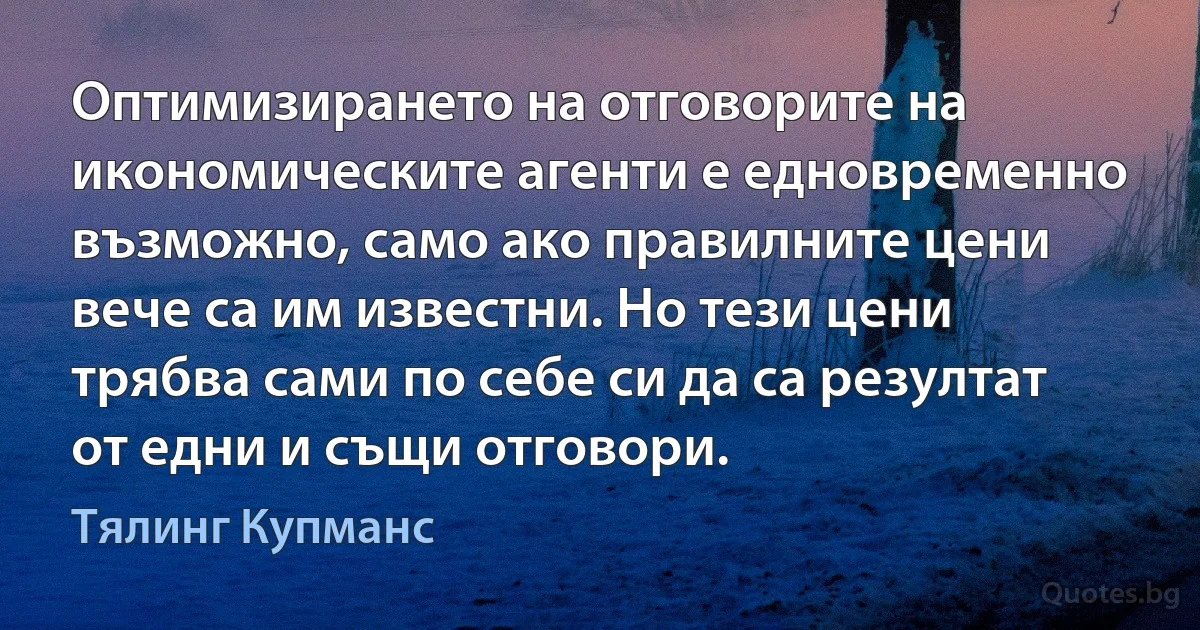 Оптимизирането на отговорите на икономическите агенти е едновременно възможно, само ако правилните цени вече са им известни. Но тези цени трябва сами по себе си да са резултат от едни и същи отговори. (Тялинг Купманс)