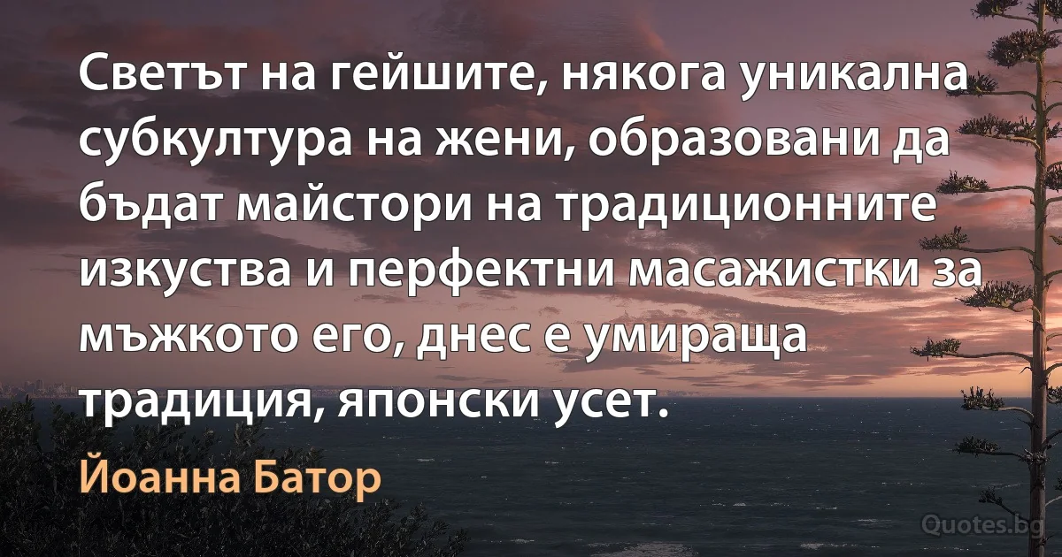 Светът на гейшите, някога уникална субкултура на жени, образовани да бъдат майстори на традиционните изкуства и перфектни масажистки за мъжкото его, днес е умираща традиция, японски усет. (Йоанна Батор)