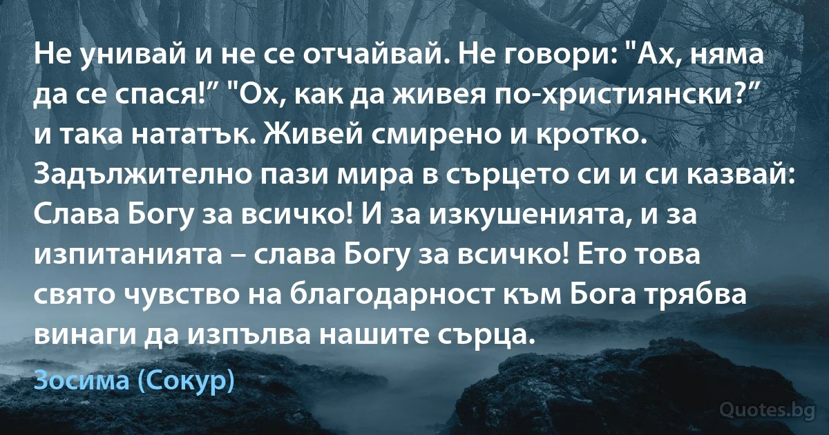 Не унивай и не се отчайвай. Не говори: "Ах, няма да се спася!” "Ох, как да живея по-християнски?” и така нататък. Живей смирено и кротко. Задължително пази мира в сърцето си и си казвай: Слава Богу за всичко! И за изкушенията, и за изпитанията – слава Богу за всичко! Ето това свято чувство на благодарност към Бога трябва винаги да изпълва нашите сърца. (Зосима (Сокур))