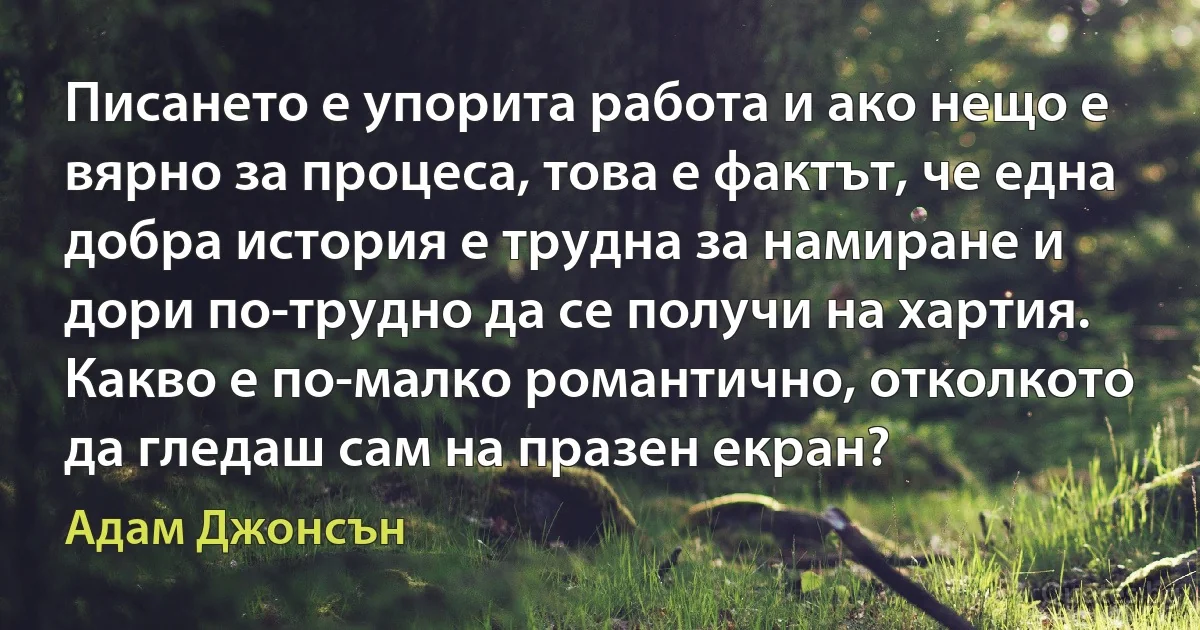 Писането е упорита работа и ако нещо е вярно за процеса, това е фактът, че една добра история е трудна за намиране и дори по-трудно да се получи на хартия. Какво е по-малко романтично, отколкото да гледаш сам на празен екран? (Адам Джонсън)