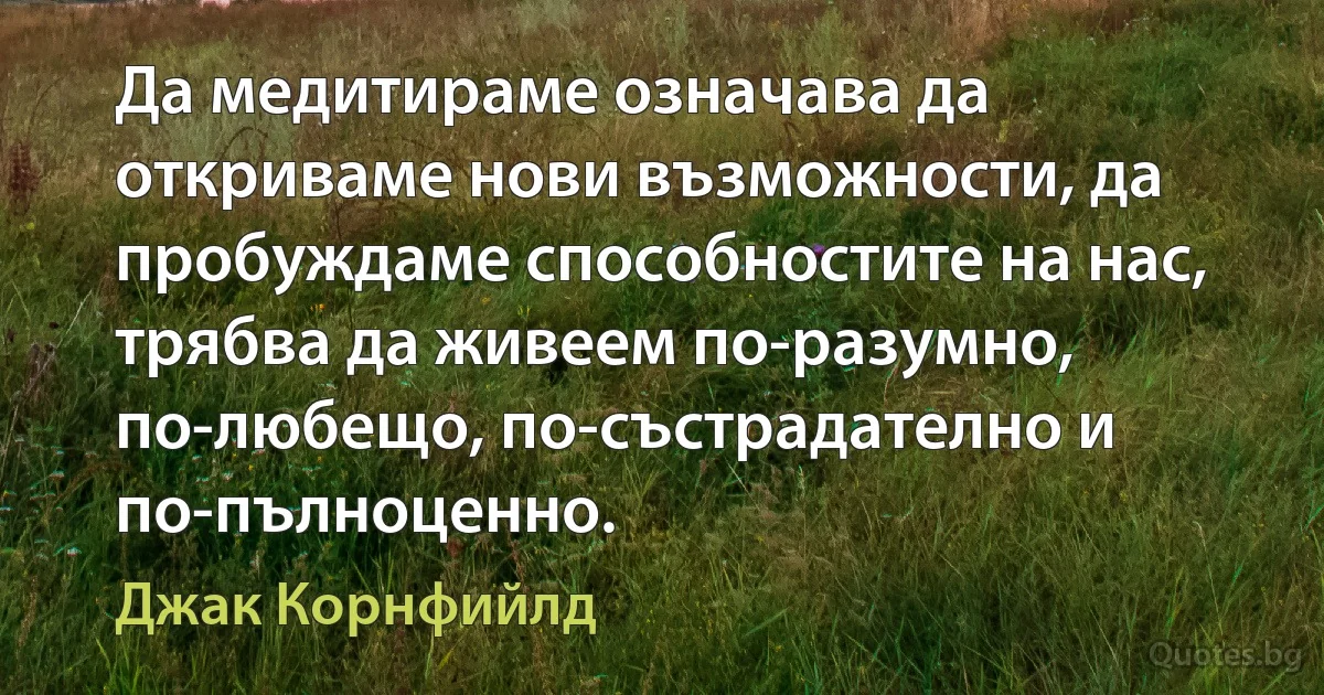 Да медитираме означава да откриваме нови възможности, да пробуждаме способностите на нас, трябва да живеем по-разумно, по-любещо, по-състрадателно и по-пълноценно. (Джак Корнфийлд)