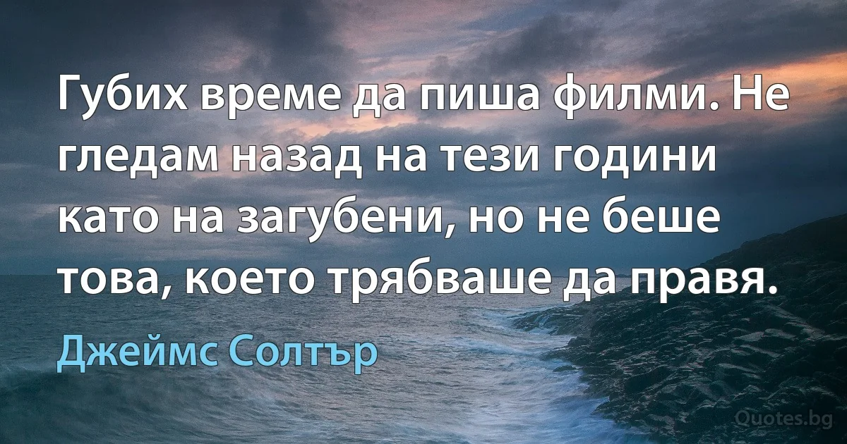 Губих време да пиша филми. Не гледам назад на тези години като на загубени, но не беше това, което трябваше да правя. (Джеймс Солтър)