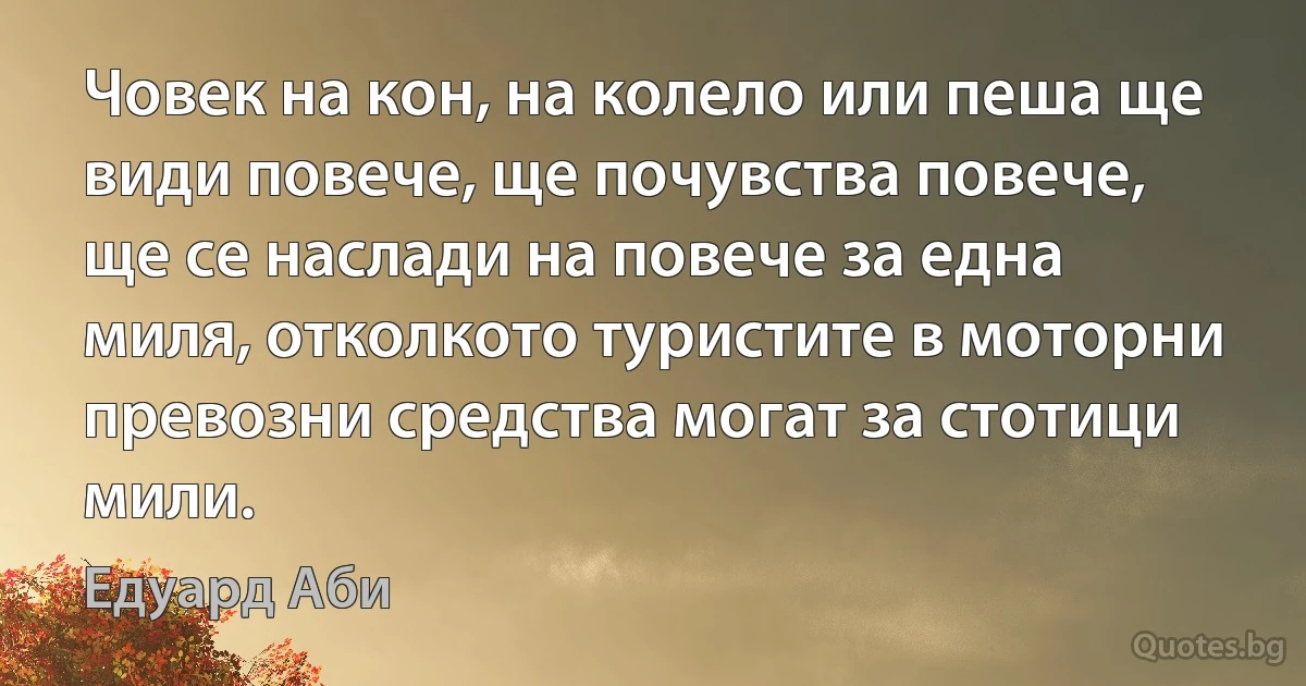 Човек на кон, на колело или пеша ще види повече, ще почувства повече, ще се наслади на повече за една миля, отколкото туристите в моторни превозни средства могат за стотици мили. (Едуард Аби)