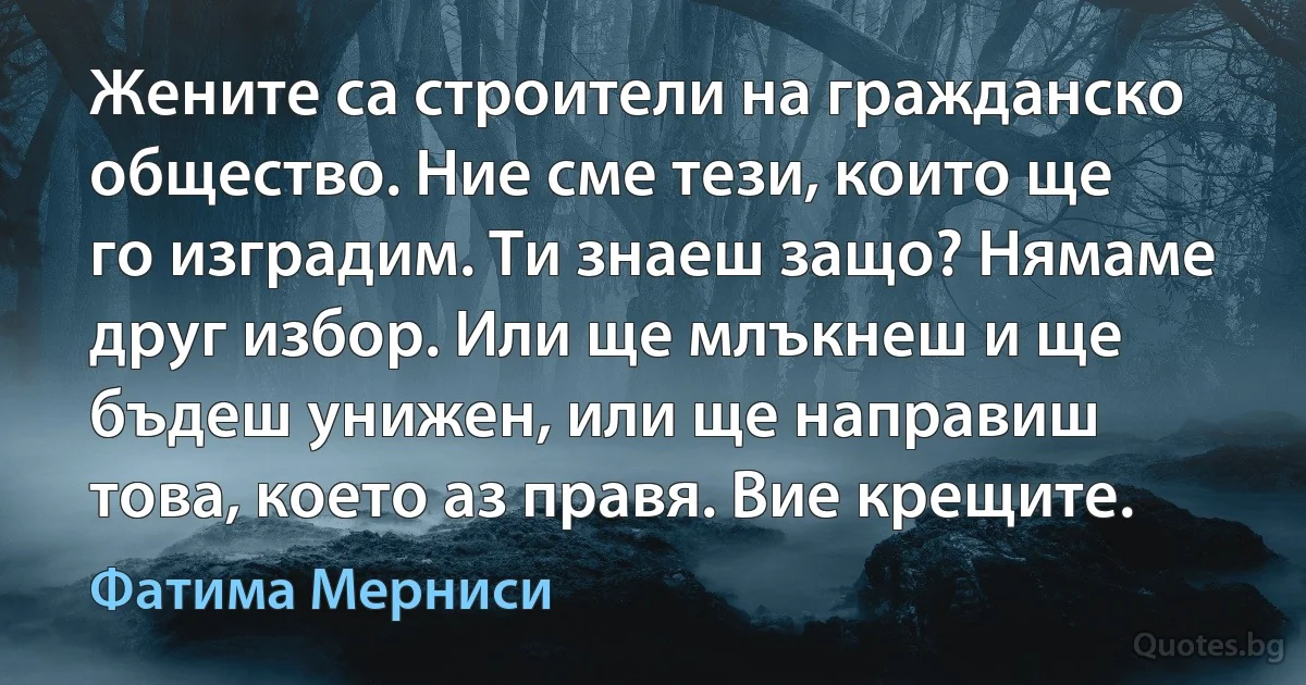 Жените са строители на гражданско общество. Ние сме тези, които ще го изградим. Ти знаеш защо? Нямаме друг избор. Или ще млъкнеш и ще бъдеш унижен, или ще направиш това, което аз правя. Вие крещите. (Фатима Мерниси)