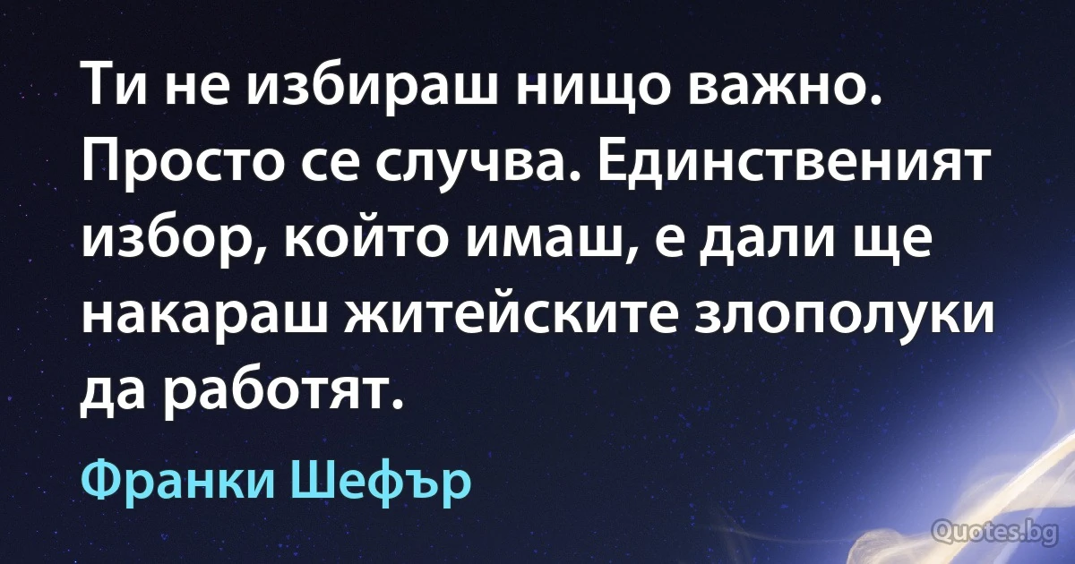 Ти не избираш нищо важно. Просто се случва. Единственият избор, който имаш, е дали ще накараш житейските злополуки да работят. (Франки Шефър)