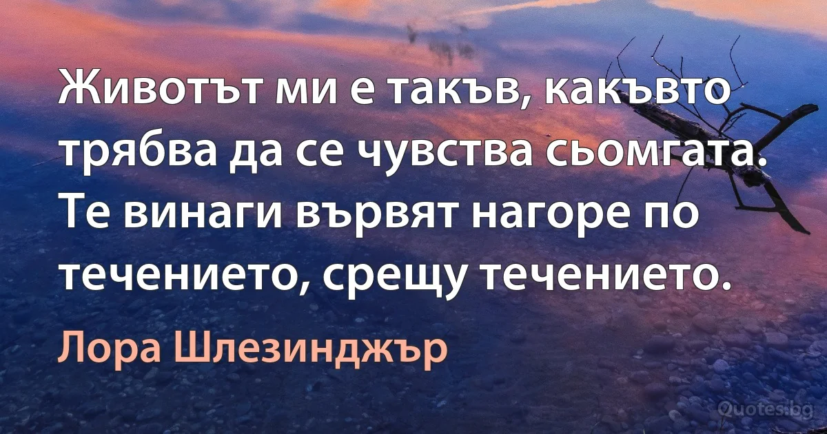 Животът ми е такъв, какъвто трябва да се чувства сьомгата. Те винаги вървят нагоре по течението, срещу течението. (Лора Шлезинджър)