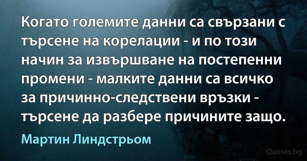 Когато големите данни са свързани с търсене на корелации - и по този начин за извършване на постепенни промени - малките данни са всичко за причинно-следствени връзки - търсене да разбере причините защо. (Мартин Линдстрьом)