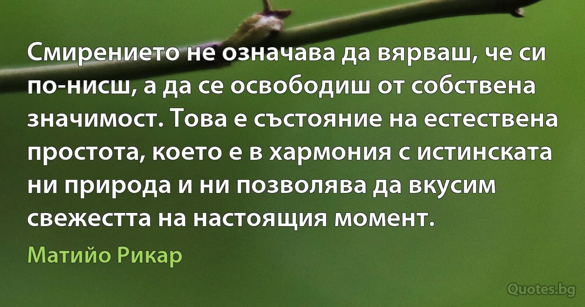 Смирението не означава да вярваш, че си по-нисш, а да се освободиш от собствена значимост. Това е състояние на естествена простота, което е в хармония с истинската ни природа и ни позволява да вкусим свежестта на настоящия момент. (Матийо Рикар)