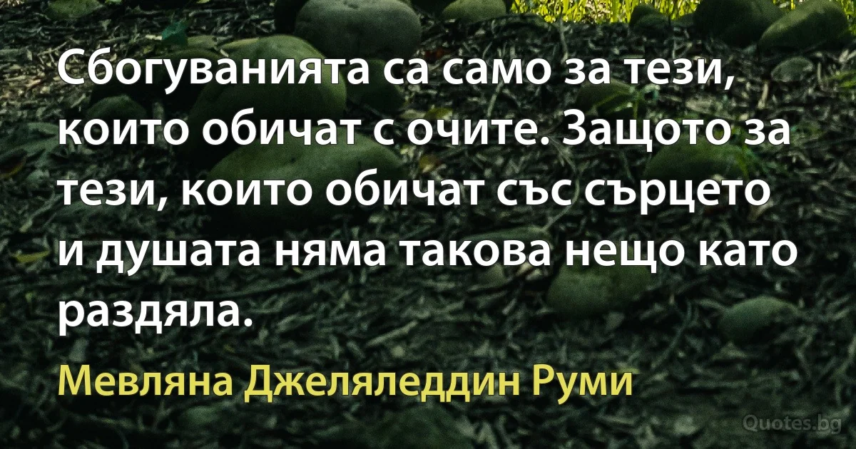 Сбогуванията са само за тези, които обичат с очите. Защото за тези, които обичат със сърцето и душата няма такова нещо като раздяла. (Мевляна Джеляледдин Руми)