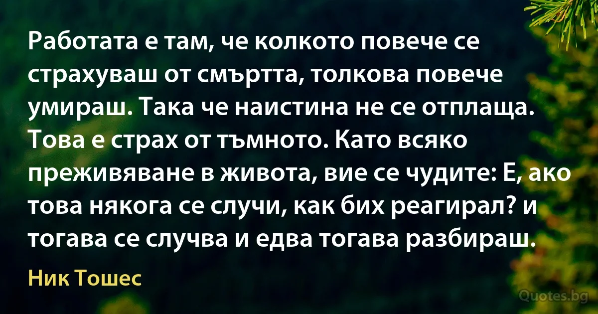 Работата е там, че колкото повече се страхуваш от смъртта, толкова повече умираш. Така че наистина не се отплаща. Това е страх от тъмното. Като всяко преживяване в живота, вие се чудите: Е, ако това някога се случи, как бих реагирал? и тогава се случва и едва тогава разбираш. (Ник Тошес)