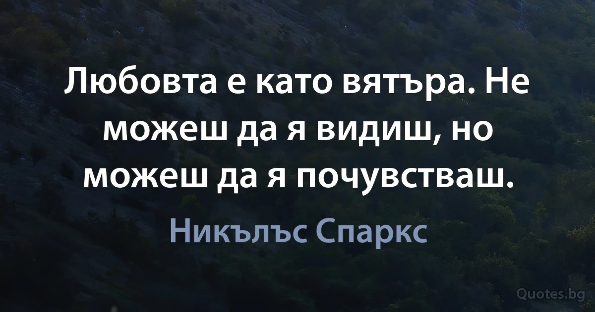 Любовта е като вятъра. Не можеш да я видиш, но можеш да я почувстваш. (Никълъс Спаркс)