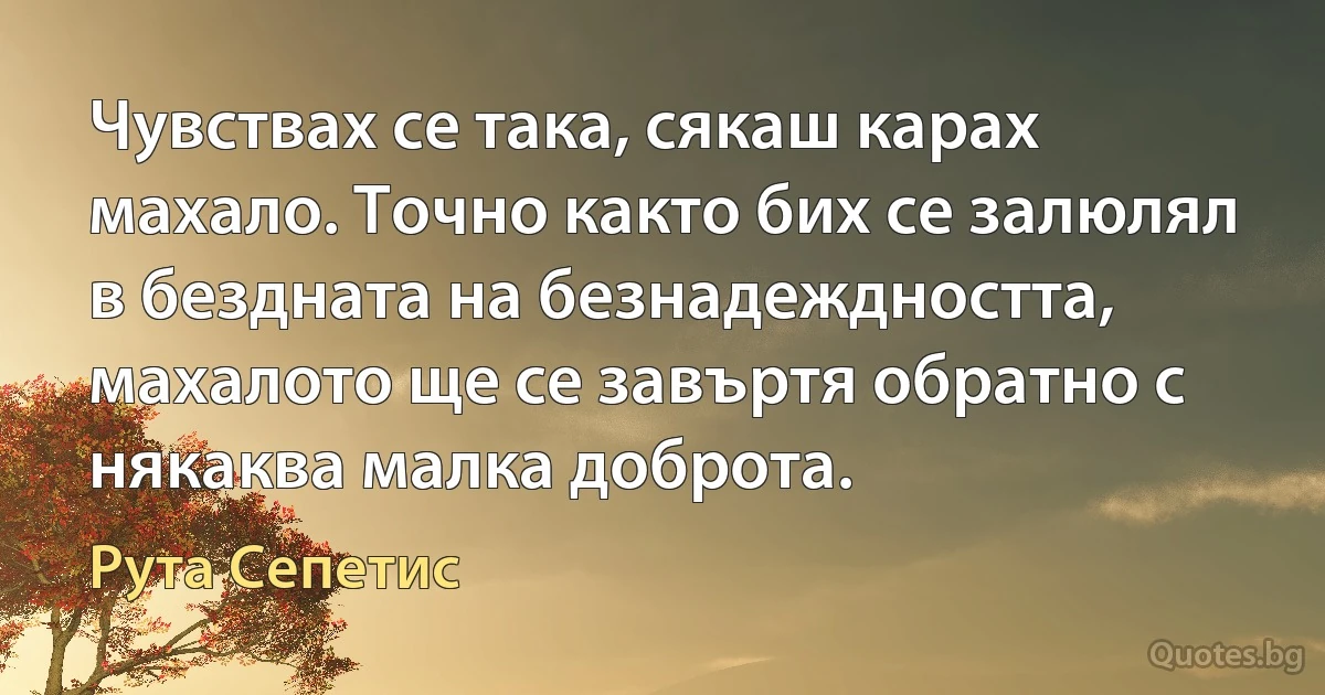 Чувствах се така, сякаш карах махало. Точно както бих се залюлял в бездната на безнадеждността, махалото ще се завъртя обратно с някаква малка доброта. (Рута Сепетис)