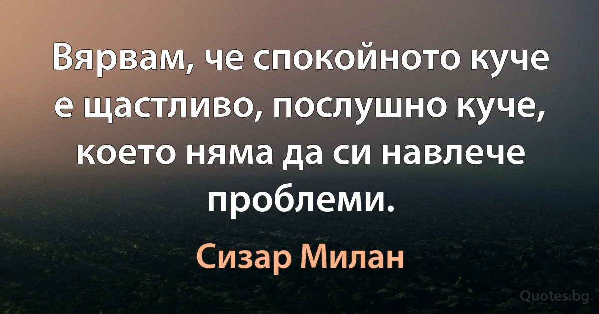 Вярвам, че спокойното куче е щастливо, послушно куче, което няма да си навлече проблеми. (Сизар Милан)