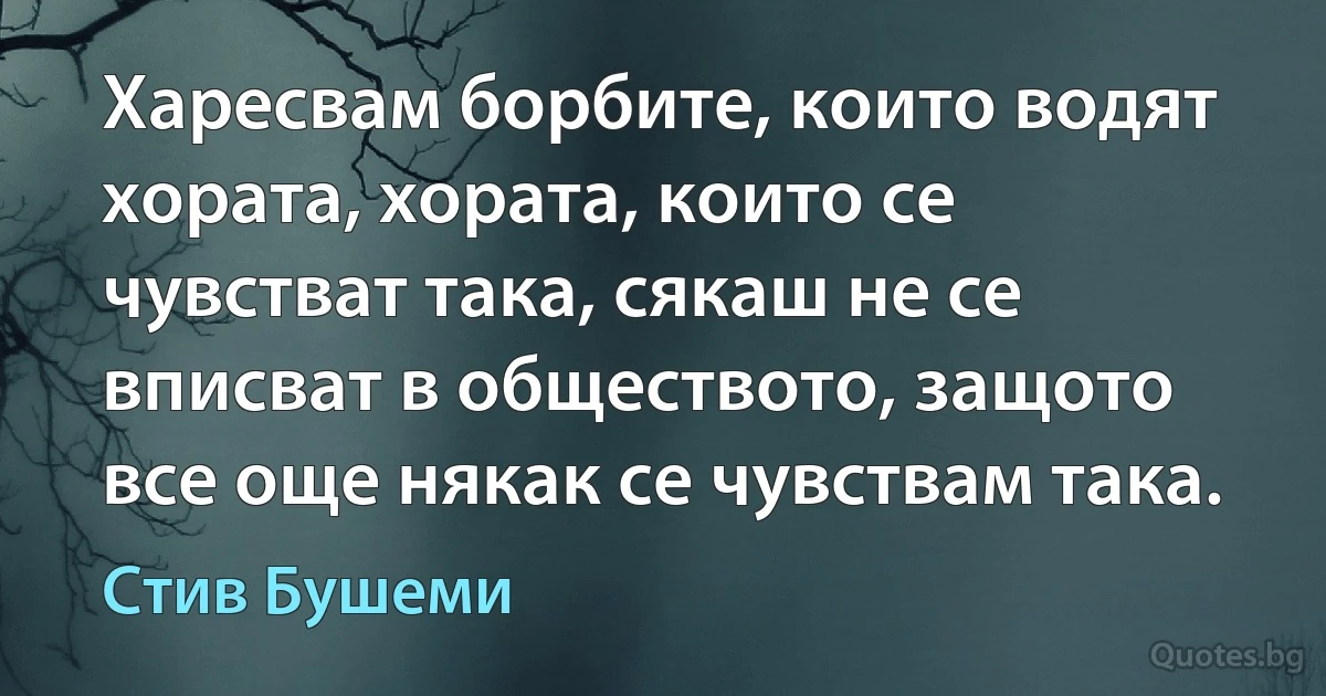 Харесвам борбите, които водят хората, хората, които се чувстват така, сякаш не се вписват в обществото, защото все още някак се чувствам така. (Стив Бушеми)