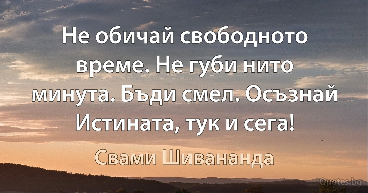 Не обичай свободното време. Не губи нито минута. Бъди смел. Осъзнай Истината, тук и сега! (Свами Шивананда)