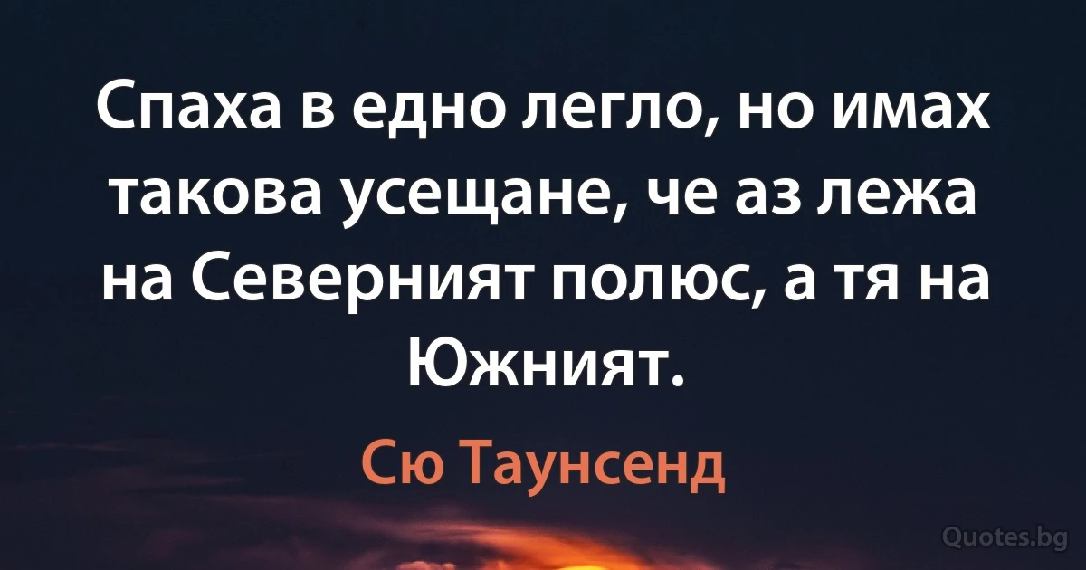 Спаха в едно легло, но имах такова усещане, че аз лежа на Северният полюс, а тя на Южният. (Сю Таунсенд)