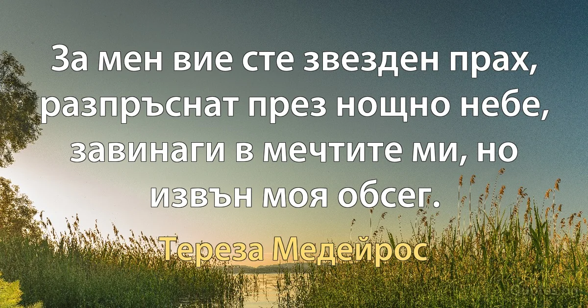 За мен вие сте звезден прах, разпръснат през нощно небе, завинаги в мечтите ми, но извън моя обсег. (Тереза Медейрос)