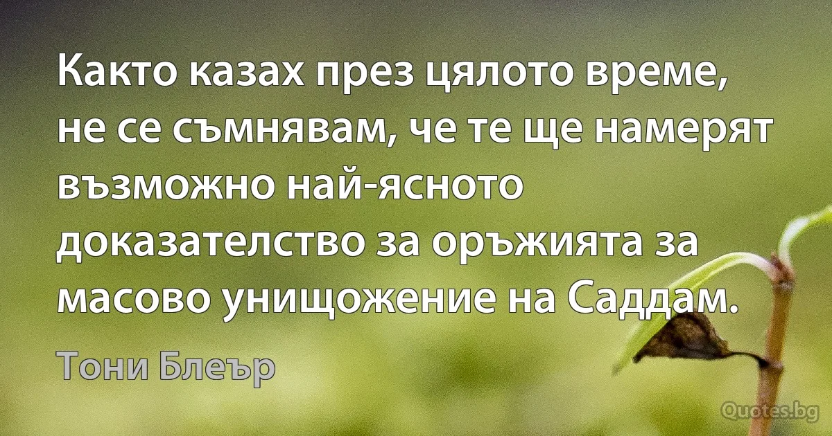 Както казах през цялото време, не се съмнявам, че те ще намерят възможно най-ясното доказателство за оръжията за масово унищожение на Саддам. (Тони Блеър)