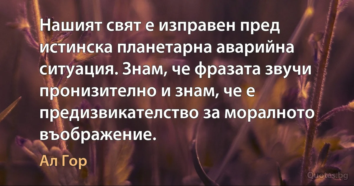 Нашият свят е изправен пред истинска планетарна аварийна ситуация. Знам, че фразата звучи пронизително и знам, че е предизвикателство за моралното въображение. (Ал Гор)