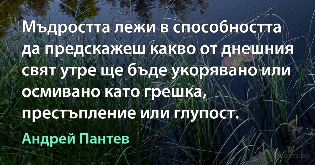 Мъдростта лежи в способността да предскажеш какво от днешния свят утре ще бъде укорявано или осмивано като грешка, престъпление или глупост. (Андрей Пантев)