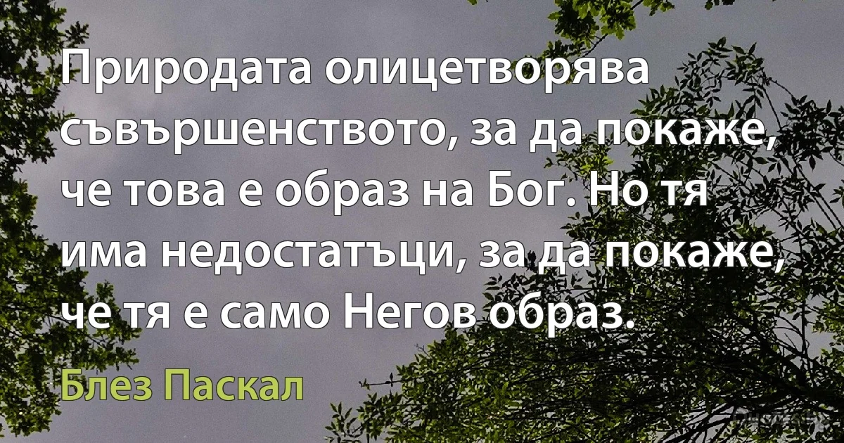 Природата олицетворява съвършенството, за да покаже, че това е образ на Бог. Но тя има недостатъци, за да покаже, че тя е само Негов образ. (Блез Паскал)