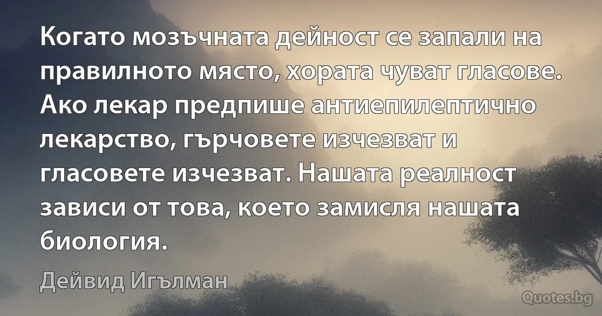 Когато мозъчната дейност се запали на правилното място, хората чуват гласове. Ако лекар предпише антиепилептично лекарство, гърчовете изчезват и гласовете изчезват. Нашата реалност зависи от това, което замисля нашата биология. (Дейвид Игълман)