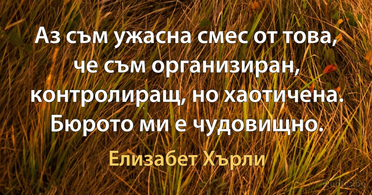 Аз съм ужасна смес от това, че съм организиран, контролиращ, но хаотичена. Бюрото ми е чудовищно. (Елизабет Хърли)