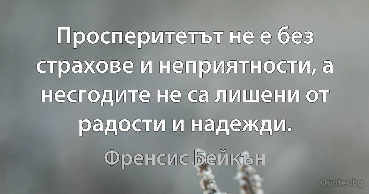 Просперитетът не е без страхове и неприятности, а несгодите не са лишени от радости и надежди. (Френсис Бейкън)