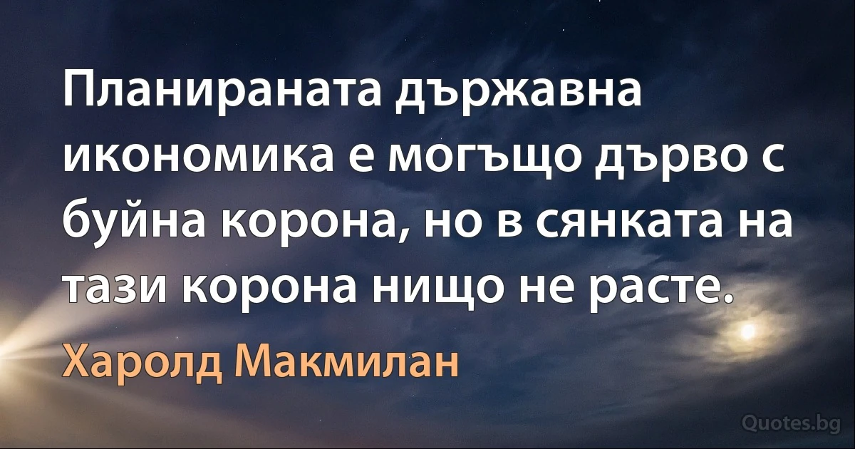 Планираната държавна икономика е могъщо дърво с буйна корона, но в сянката на тази корона нищо не расте. (Харолд Макмилан)