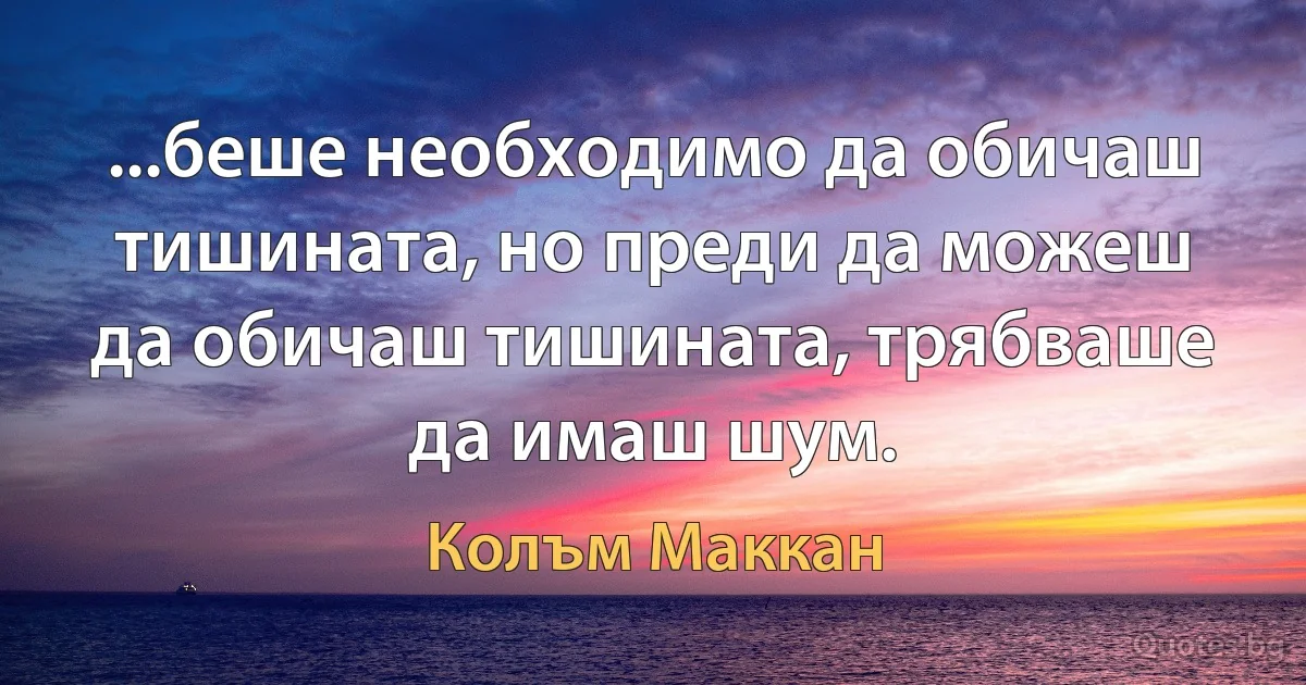 ...беше необходимо да обичаш тишината, но преди да можеш да обичаш тишината, трябваше да имаш шум. (Колъм Маккан)