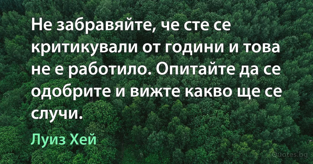 Не забравяйте, че сте се критикували от години и това не е работило. Опитайте да се одобрите и вижте какво ще се случи. (Луиз Хей)