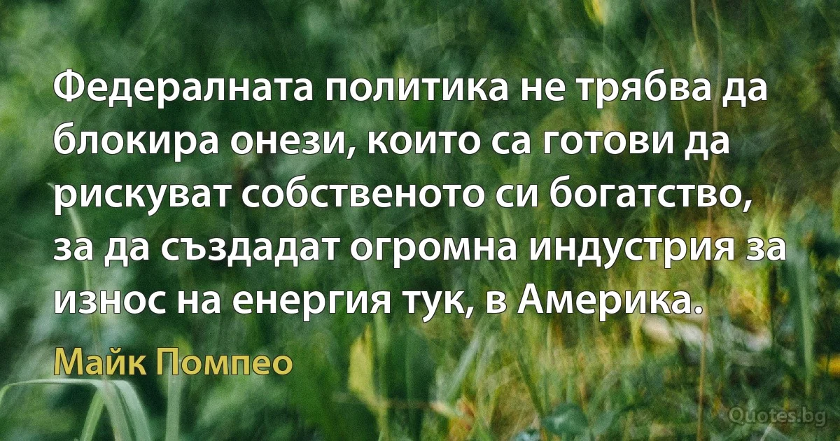 Федералната политика не трябва да блокира онези, които са готови да рискуват собственото си богатство, за да създадат огромна индустрия за износ на енергия тук, в Америка. (Майк Помпео)