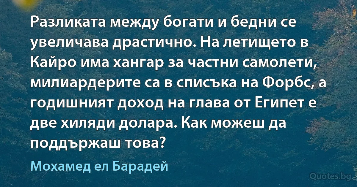 Разликата между богати и бедни се увеличава драстично. На летището в Кайро има хангар за частни самолети, милиардерите са в списъка на Форбс, а годишният доход на глава от Египет е две хиляди долара. Как можеш да поддържаш това? (Мохамед ел Барадей)