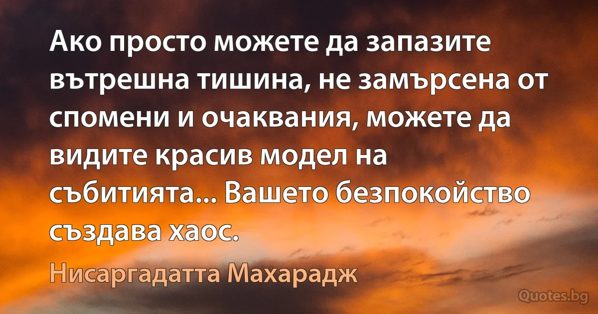 Ако просто можете да запазите вътрешна тишина, не замърсена от спомени и очаквания, можете да видите красив модел на събитията... Вашето безпокойство създава хаос. (Нисаргадатта Махарадж)