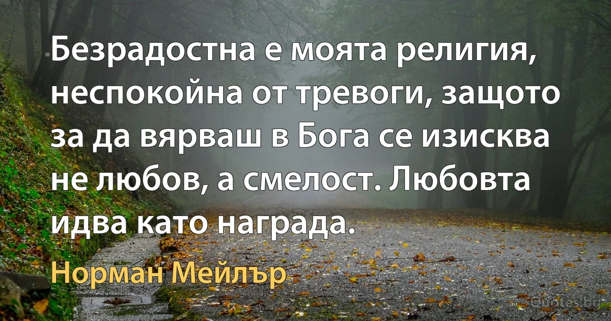 Безрадостна е моята религия, неспокойна от тревоги, защото за да вярваш в Бога се изисква не любов, а смелост. Любовта идва като награда. (Норман Мейлър)