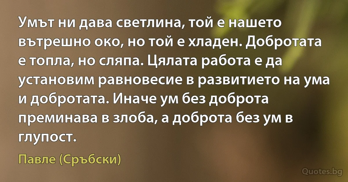 Умът ни дава светлина, той е нашето вътрешно око, но той е хладен. Добротата е топла, но сляпа. Цялата работа е да установим равновесие в развитието на ума и добротата. Иначе ум без доброта преминава в злоба, а доброта без ум в глупост. (Павле (Сръбски))