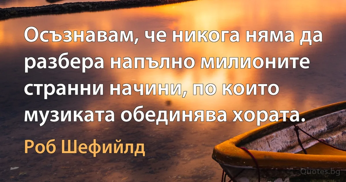 Осъзнавам, че никога няма да разбера напълно милионите странни начини, по които музиката обединява хората. (Роб Шефийлд)